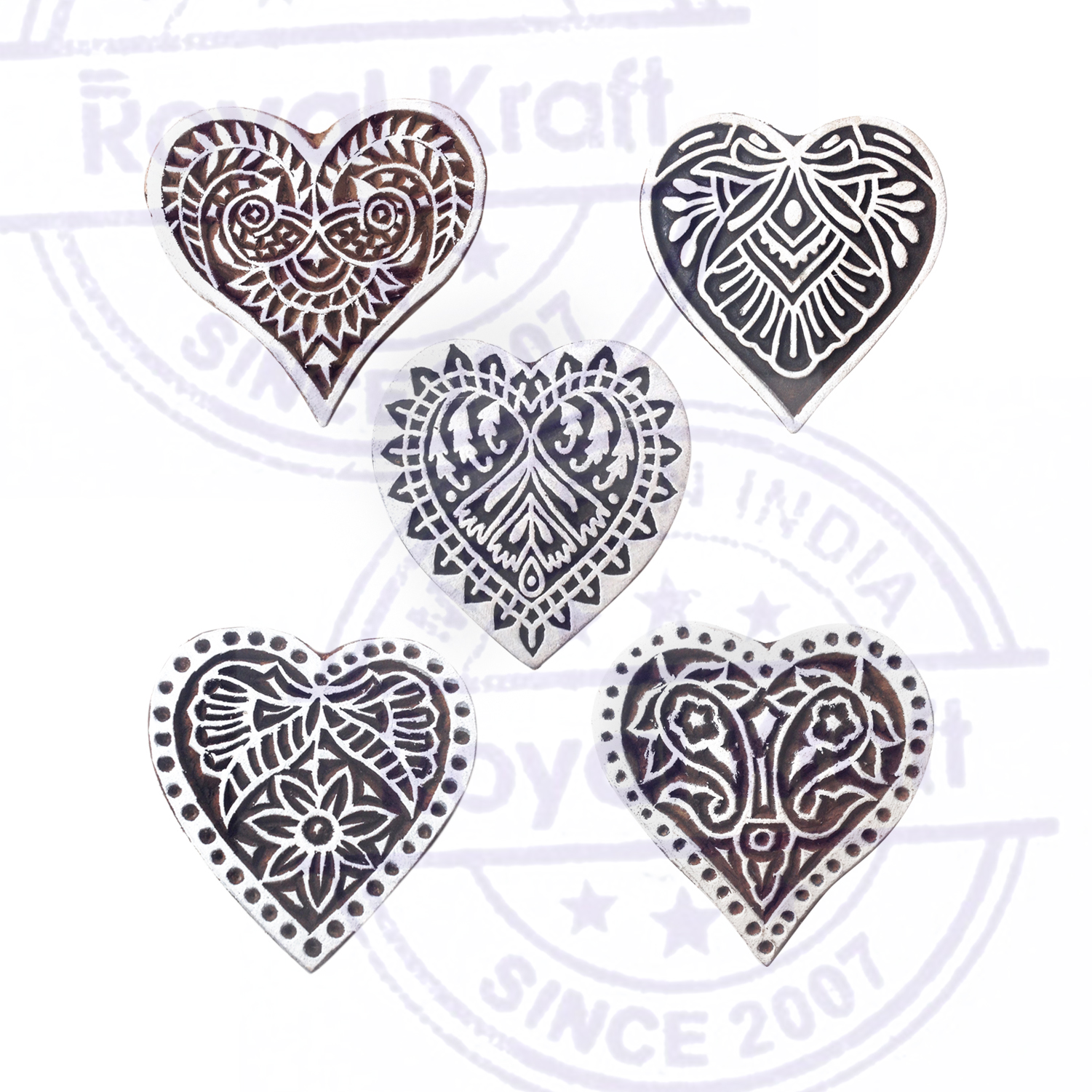 (Set of 5) Crafty Pattern Heart and Floral Wood Block Stamps - Royal Kraft