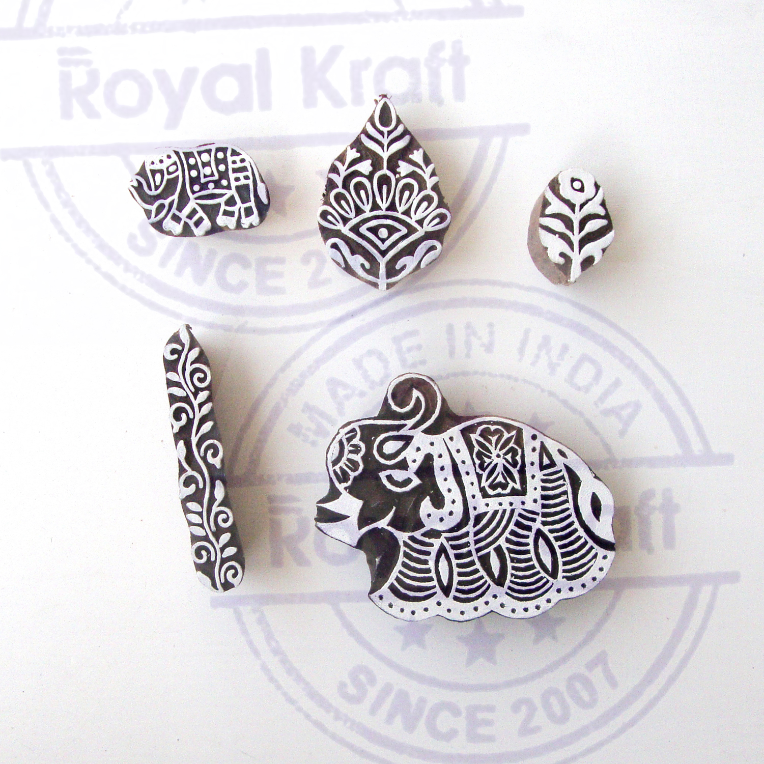 (Set of 5) Elephant and Floral Indian Pattern Wood Block Print Stamps