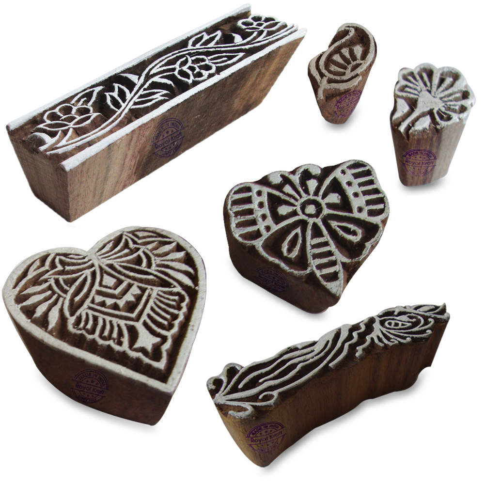 Decorative Heart and Floral Pattern Wood Block Print Stamps (Set of 6)