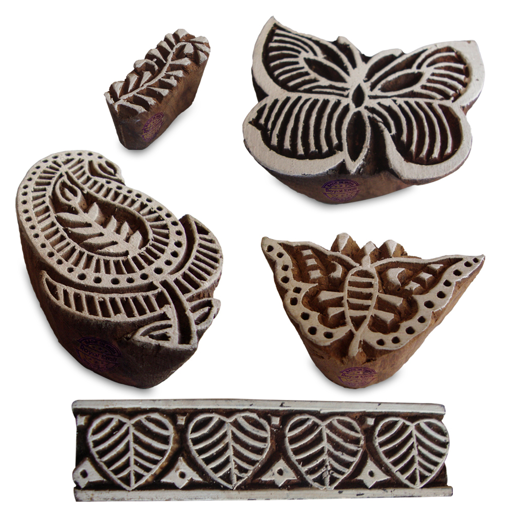 Jaipuri Butterfly and Floral Designs Wood Print Blocks (Set of 5)