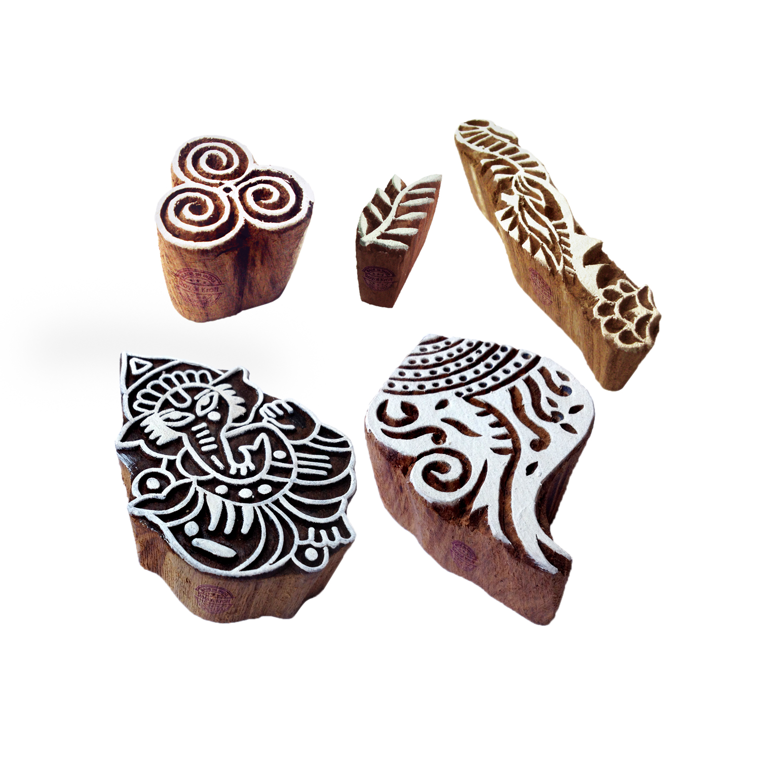 Ornate Pattern Mix and Ganesha Wood Print Blocks (Set of 5)