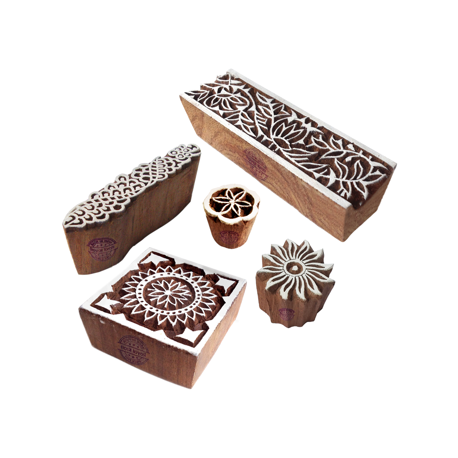 Popular Designs Flower and Border Wooden Block Stamps (Set of 5)