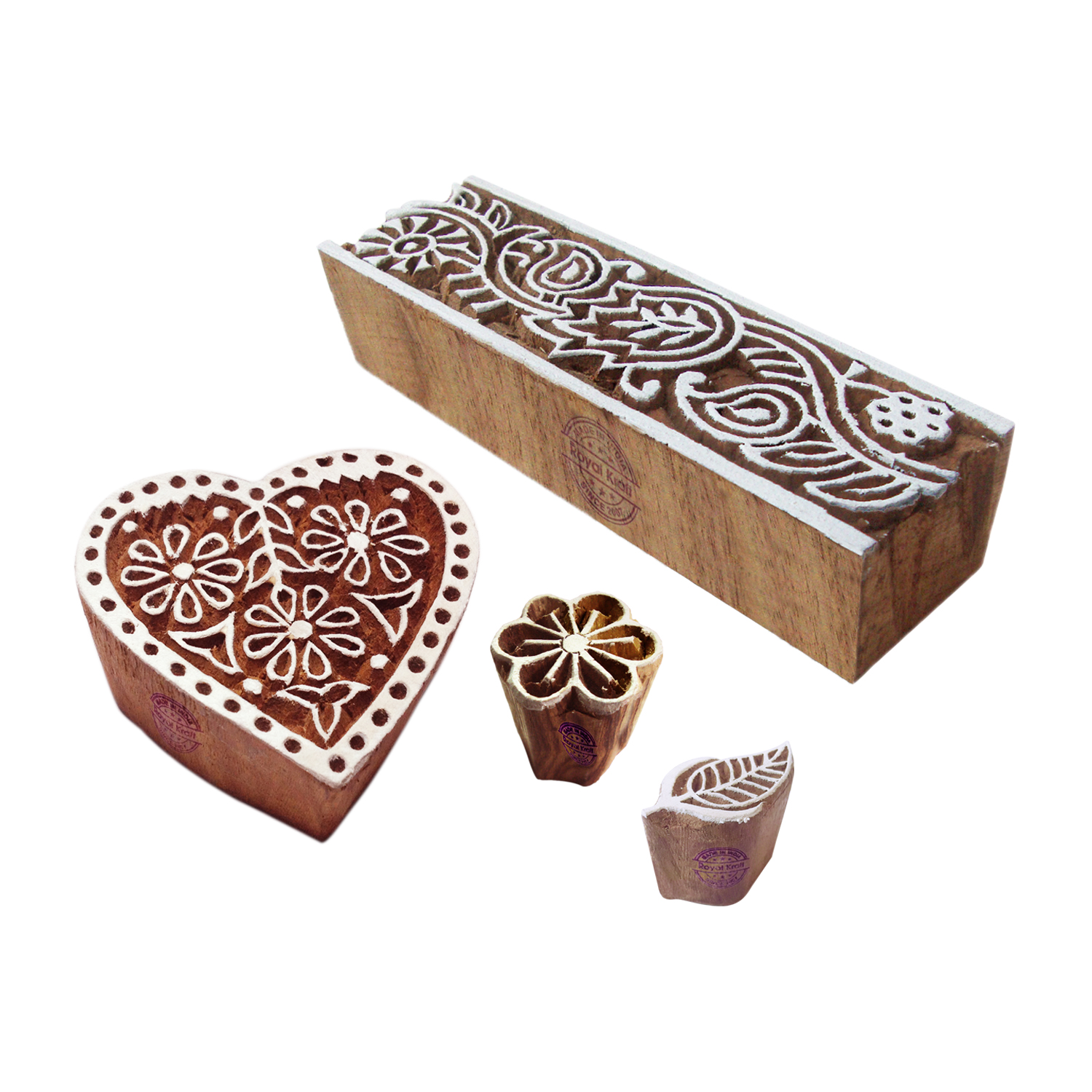 Oriental Designs Heart and Flower Wood Print Stamps (Set of 4)
