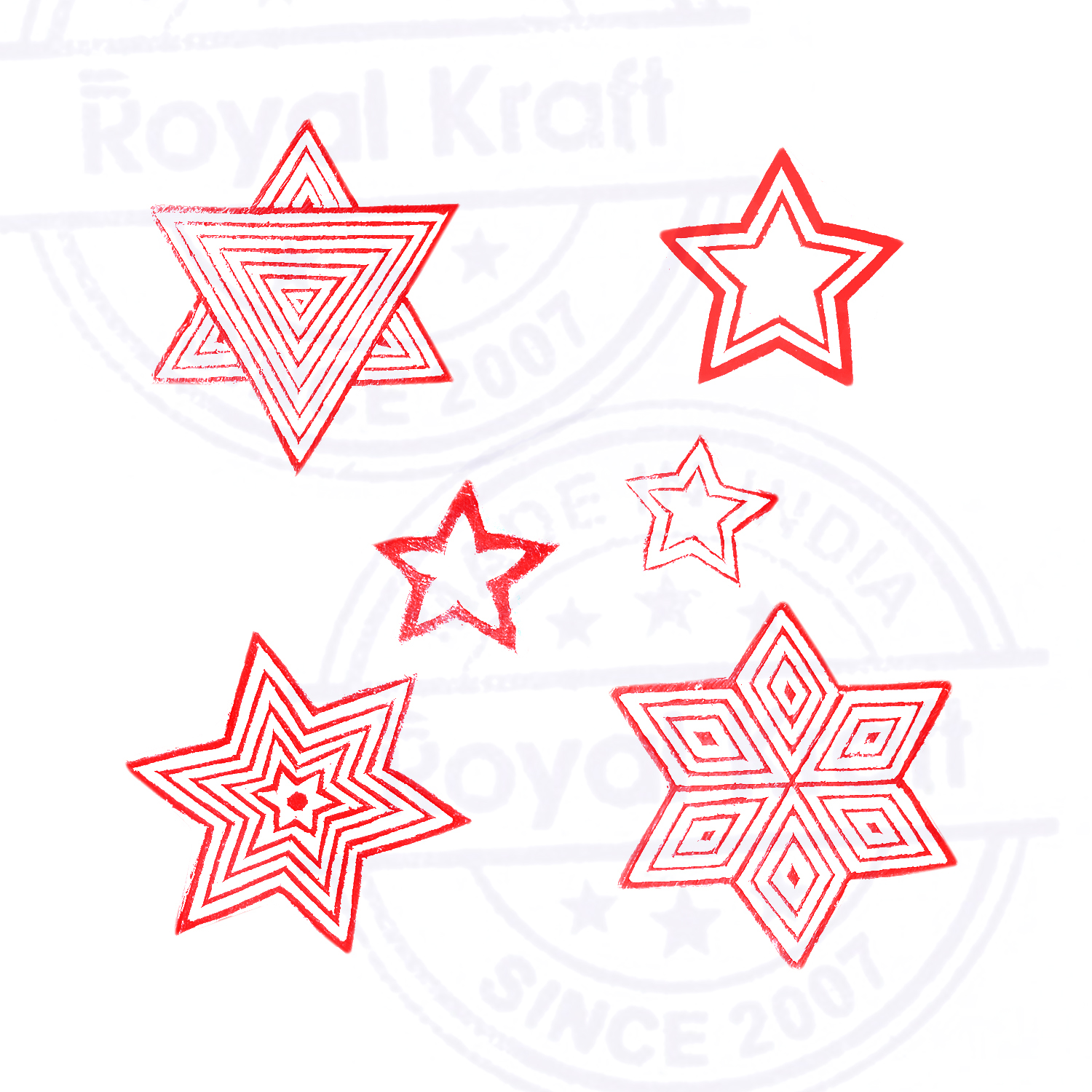 Rural Shapes Wood Block Print Stamps Set Of 5 - Snowflake & Tree Designs, Hand-Carved In India, For Fabric, Paper, Clay